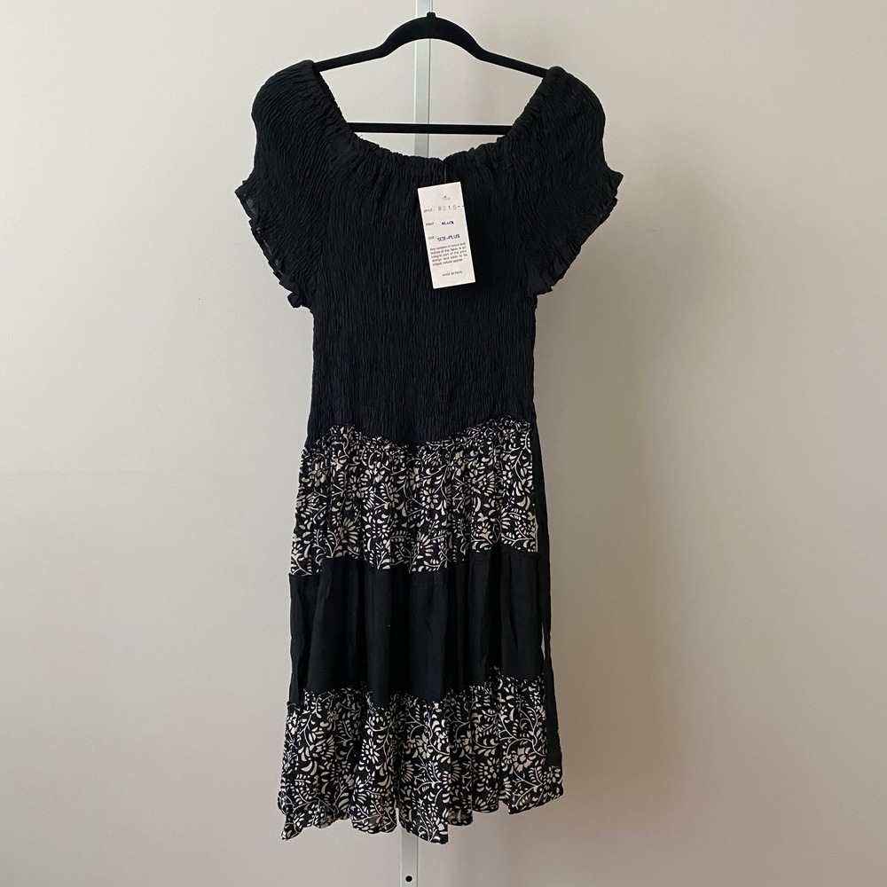 Style In Fashion Boho Fairy Peasant Smocked Floral Tiered Midi Dress Plus Black